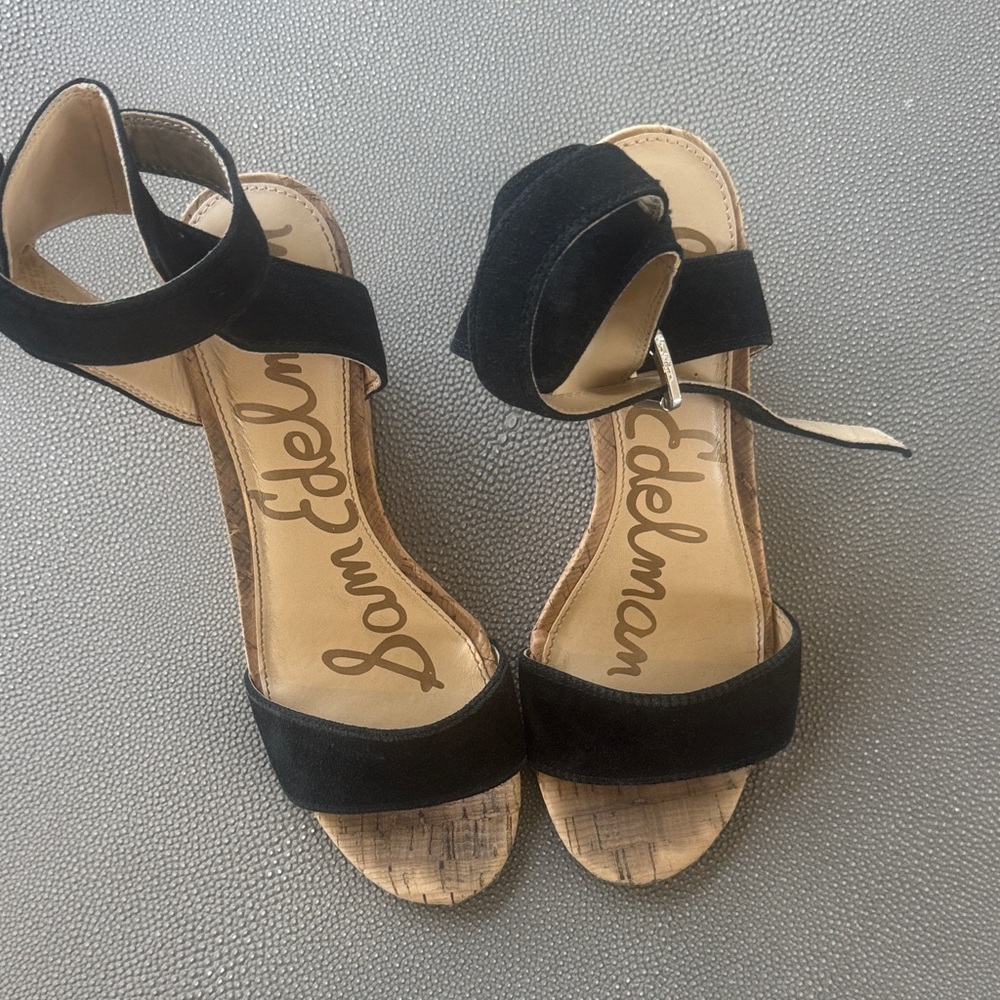 Sam Edelman Black Suede Cork Block Heel Sandals with Ankle Strap